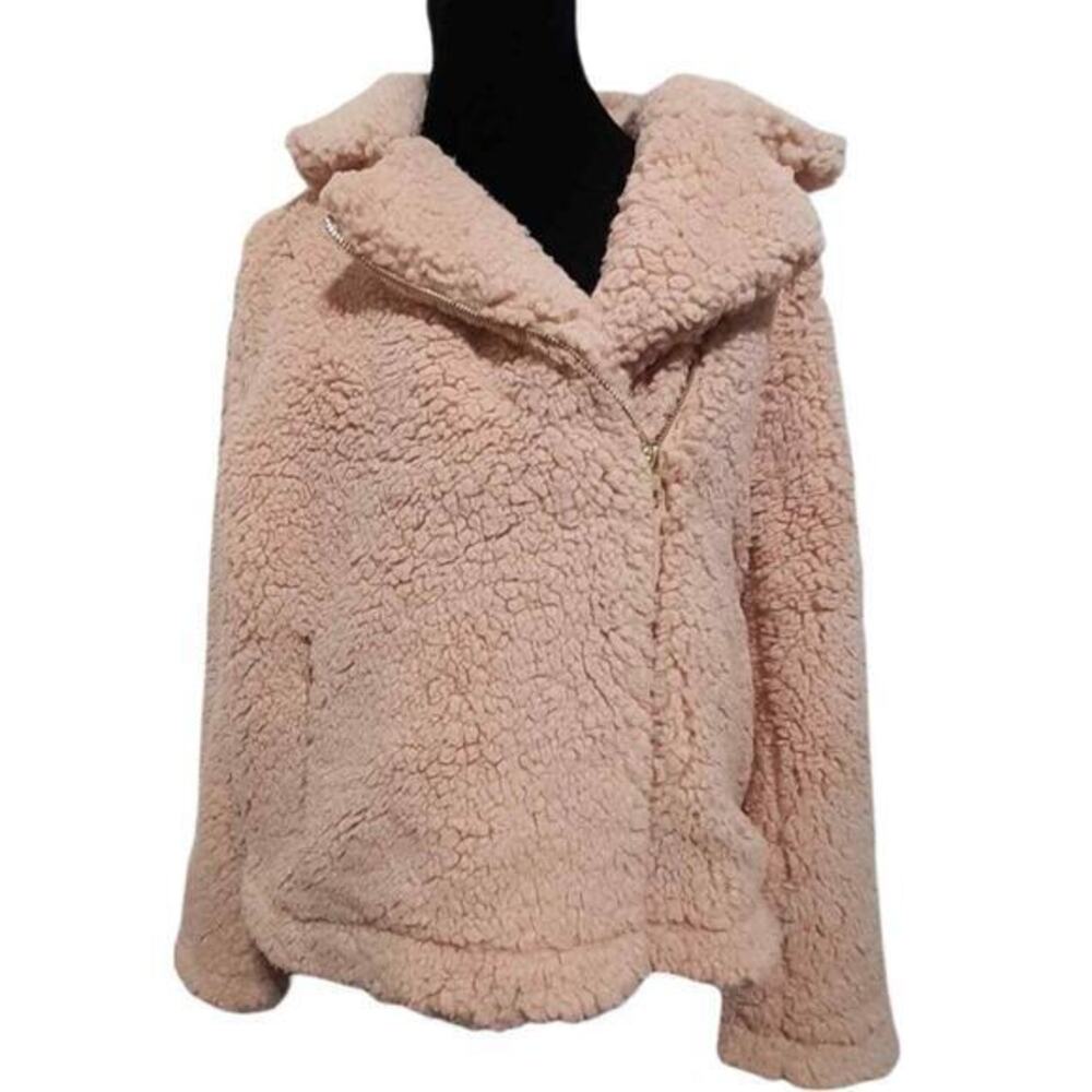 NEW Pink‎ Teddy Jacket Coat Size Large Biker Moto Furry Sherpa by SILVER JEANS